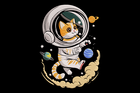 Astronaut cat embroidery design wearing white space suit and round silver helmet with teal visor, cartoon space cat character