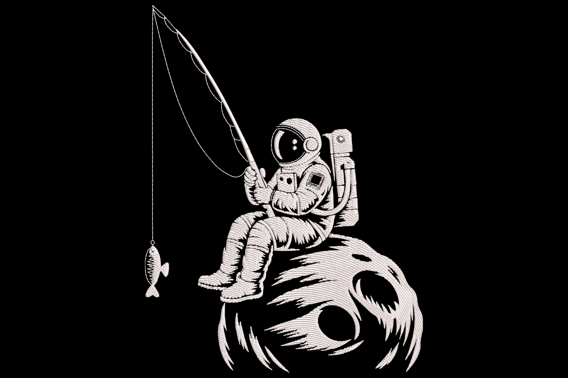 Astronaut fishing on the moon embroidery design, white line art on dark background, 9 sizes, vintage engraving style.