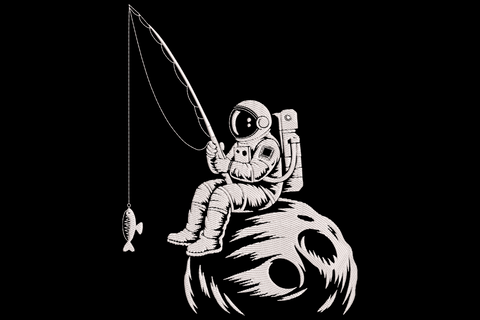 Astronaut fishing on the moon embroidery design, white line art on dark background, 9 sizes, vintage engraving style.