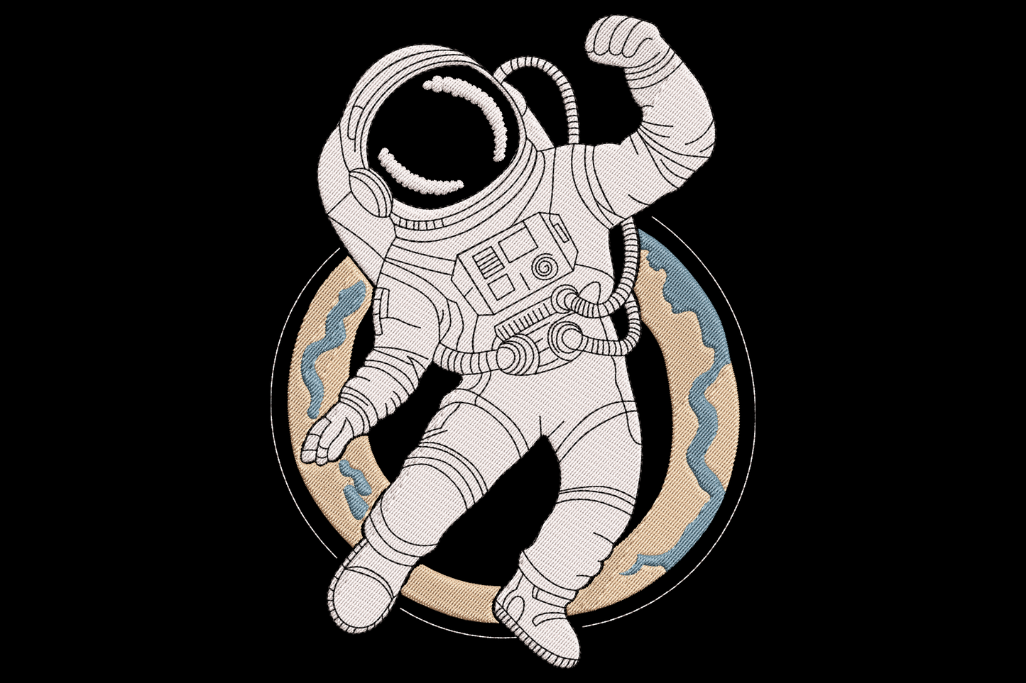 Astronaut floating in space embroidery, full spacesuit white and grey, gold visor, navy background, scatter stars, 4 colours.