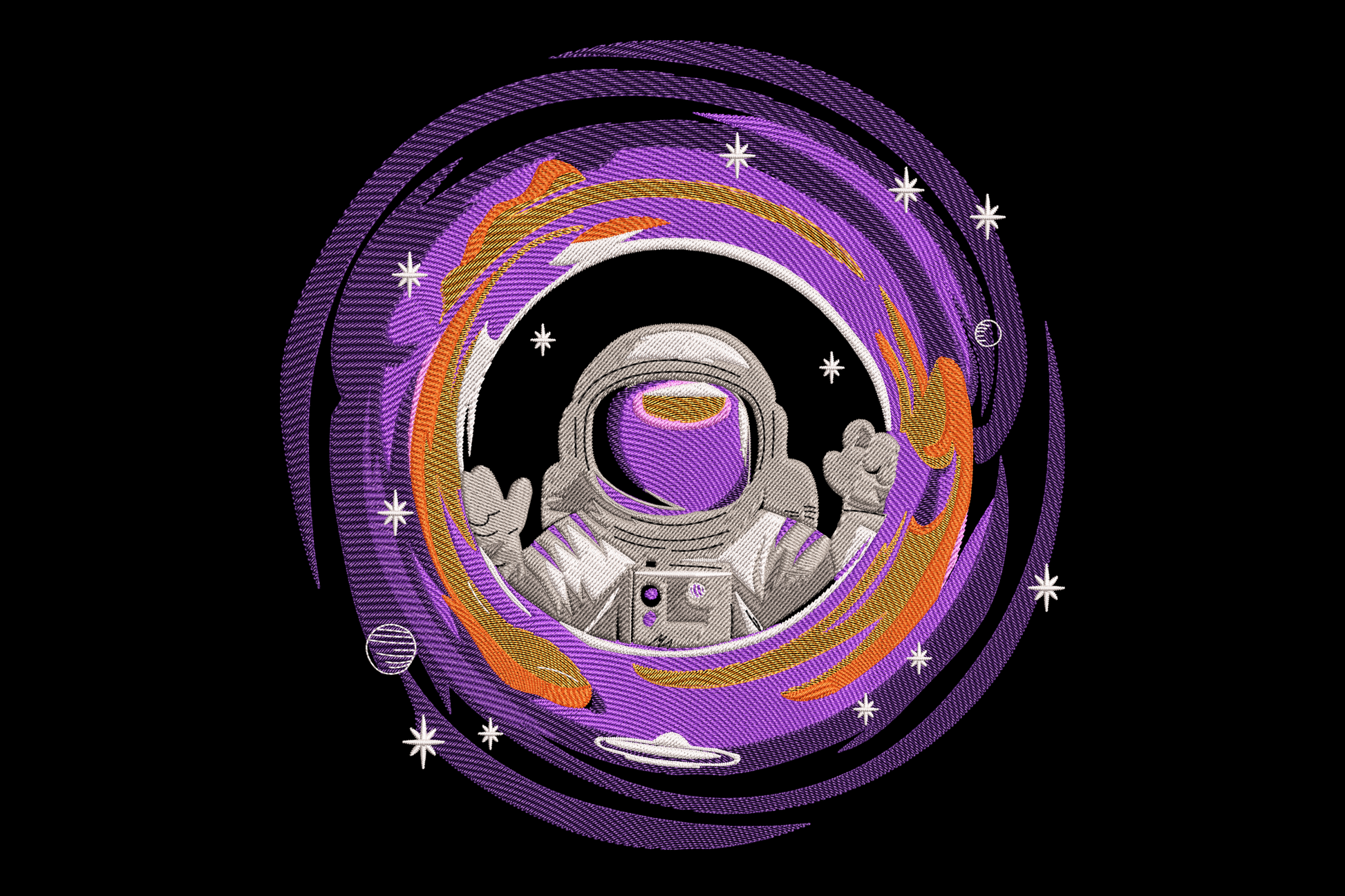Machine embroidery design of a cartoon astronaut floating in a galaxy swirl with navy, teal, coral, and white threads on dark background.