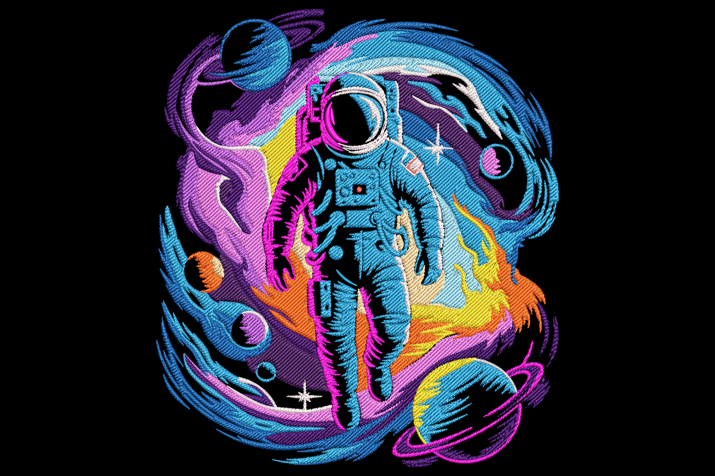 Astronaut galaxy embroidery design, retro neon astronaut floating in a magenta and purple cosmic swirl with three planets.