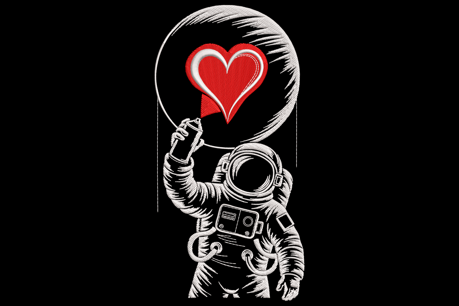 Astronaut in white line art spray painting red heart inside circle on black, valentines space embroidery design