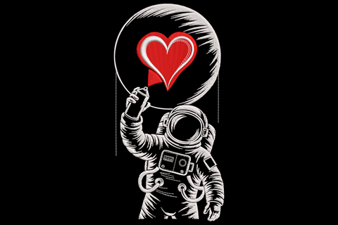 Astronaut in white line art spray painting red heart inside circle on black, valentines space embroidery design