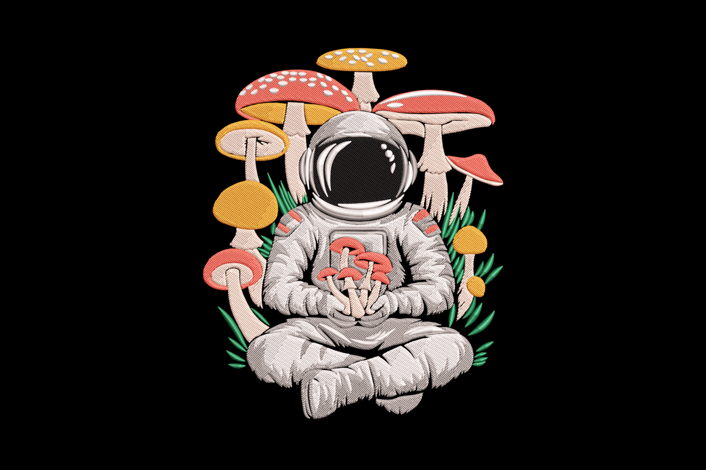 Astronaut in full spacesuit sitting cross-legged in meditation pose on a red spotted mushroom, whimsical embroidery design