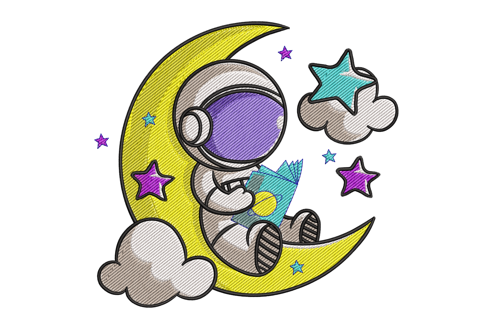 Astronaut reading on the moon machine embroidery, 11-colour spacesuit astronaut seated on crater moon with book