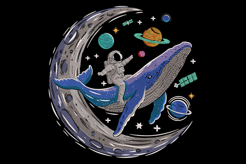 Astronaut on a blue humpback whale over a crescent moon, with coloured planets, stars and a satellite. 15-colour embroidery.