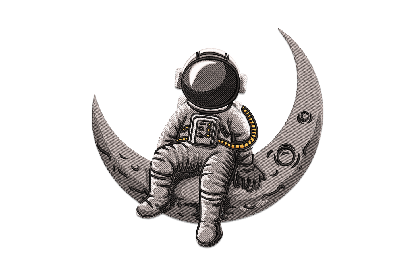 Astronaut in white spacesuit sitting on a crescent moon embroidery design on dark navy fabric with gold moon and deep space background