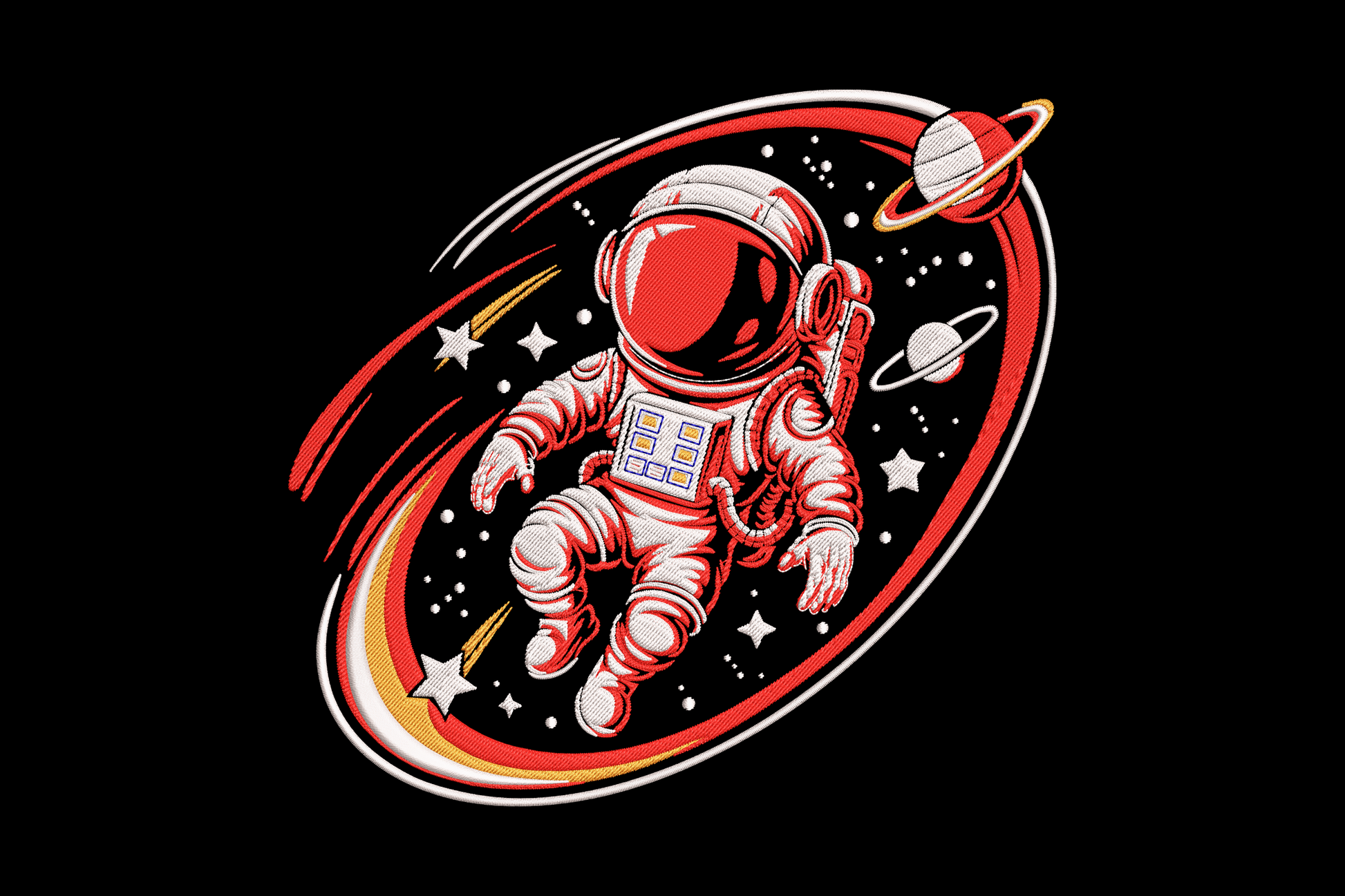 Astronaut space embroidery with red detailed spacesuit sitting cross-legged inside a Saturn-like ring oval with stars and rocket ship