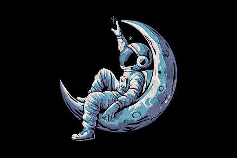 Astronaut on moon machine embroidery design, full space suit with helmet and lunar surface footprints in 3-colour thread palette