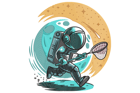 Astronaut embroidery design running with a butterfly net in front of a half teal half tan circle moon, vintage etched style