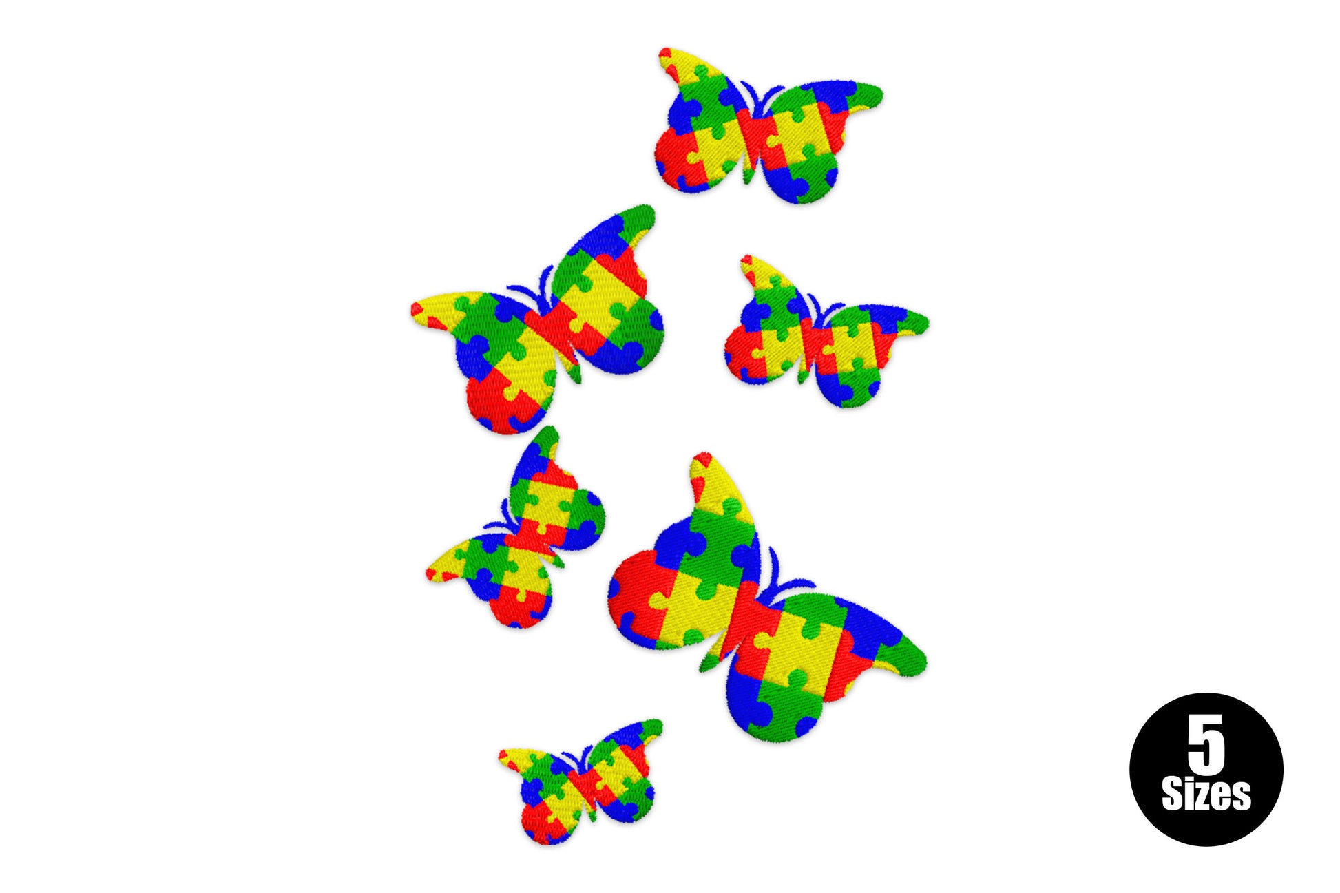 Autism awareness butterfly embroidery design with puzzle-piece wings in red, yellow, blue and green, six butterflies scattered across the hoop.