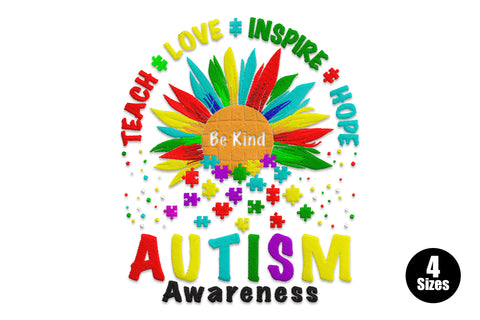 Autism awareness embroidery design with a rainbow sunflower, Be Kind center, scattered puzzle pieces and AUTISM Awareness lettering in 12 colours.