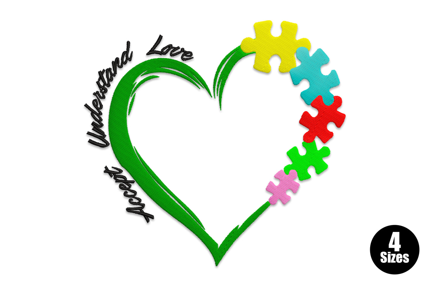 Autism awareness heart embroidery with a dark green brushstroke outline, stacked coloured puzzle pieces along the right edge, and Understand Love Accept in cursive on the left.