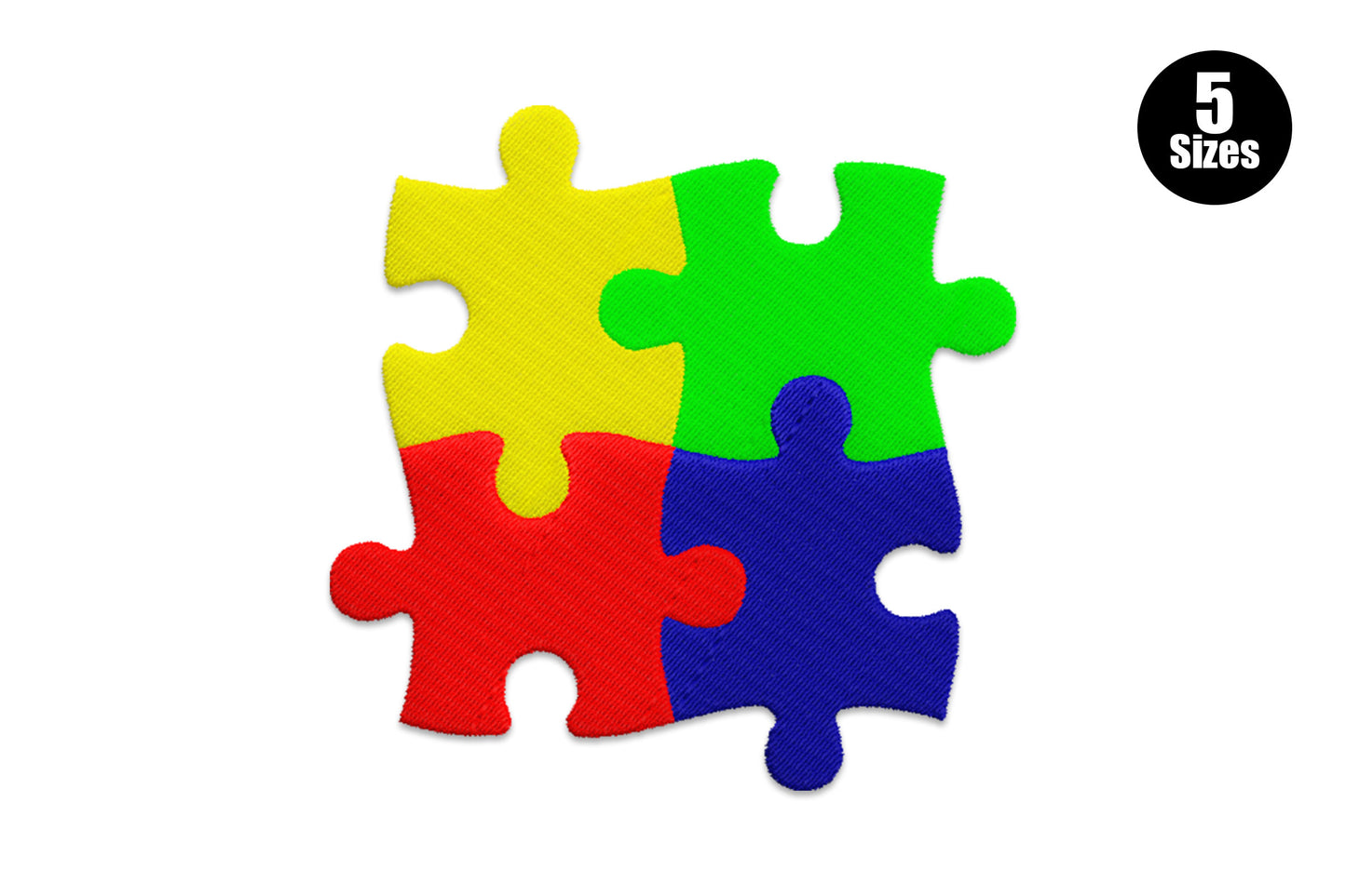 Autism awareness jigsaw embroidery design with four interlocking puzzle pieces in yellow, green, red and dark blue.