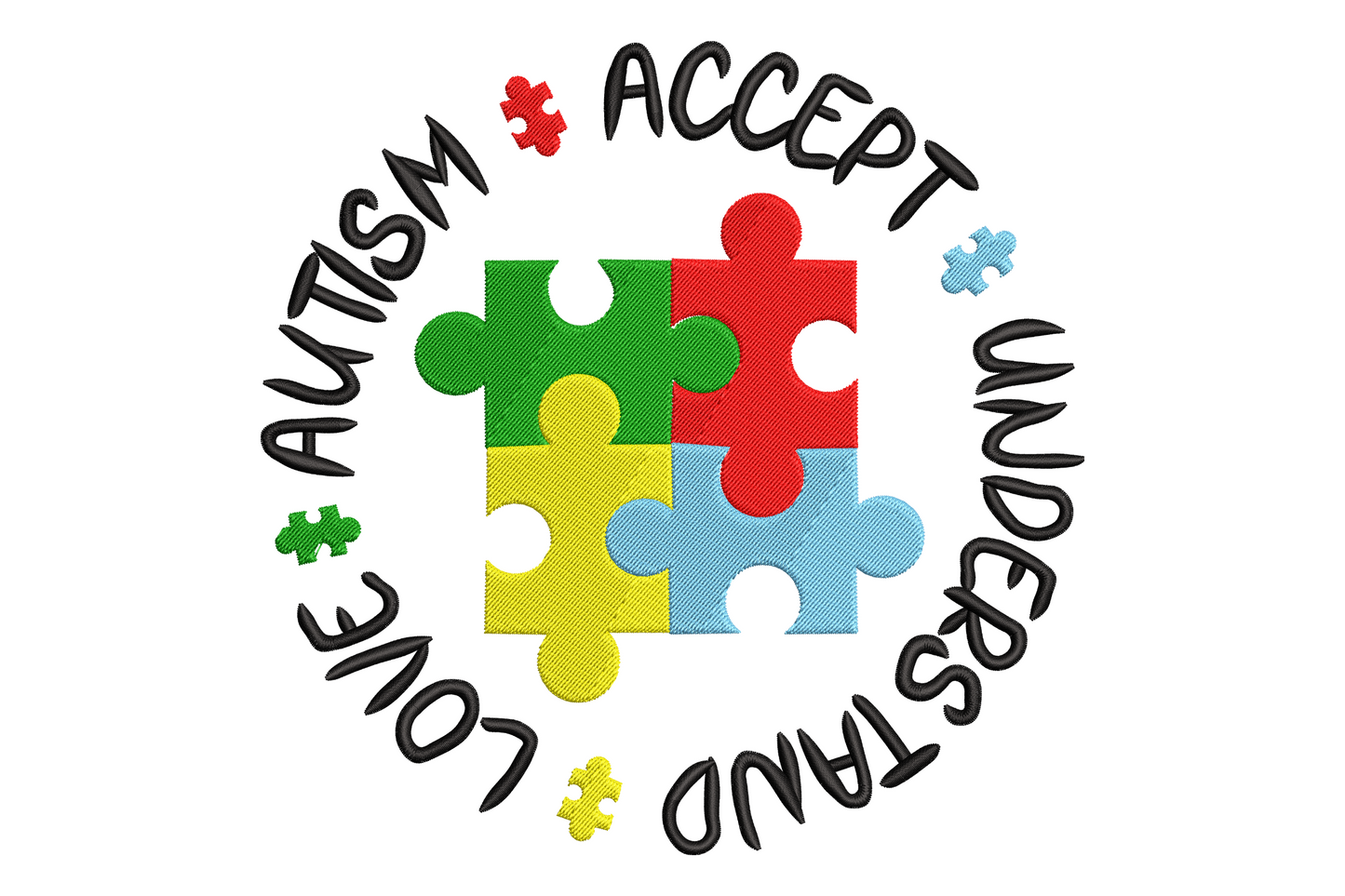 Autism awareness puzzle embroidery design with four colored puzzle pieces and love accept understand text in a circle