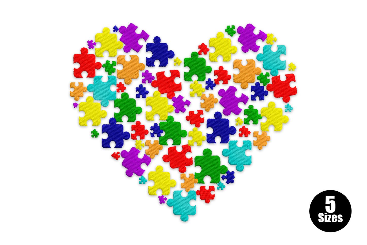 Autism awareness heart embroidery design made from rainbow puzzle pieces in red, green, yellow, blue, aqua, orange and purple on white fabric.
