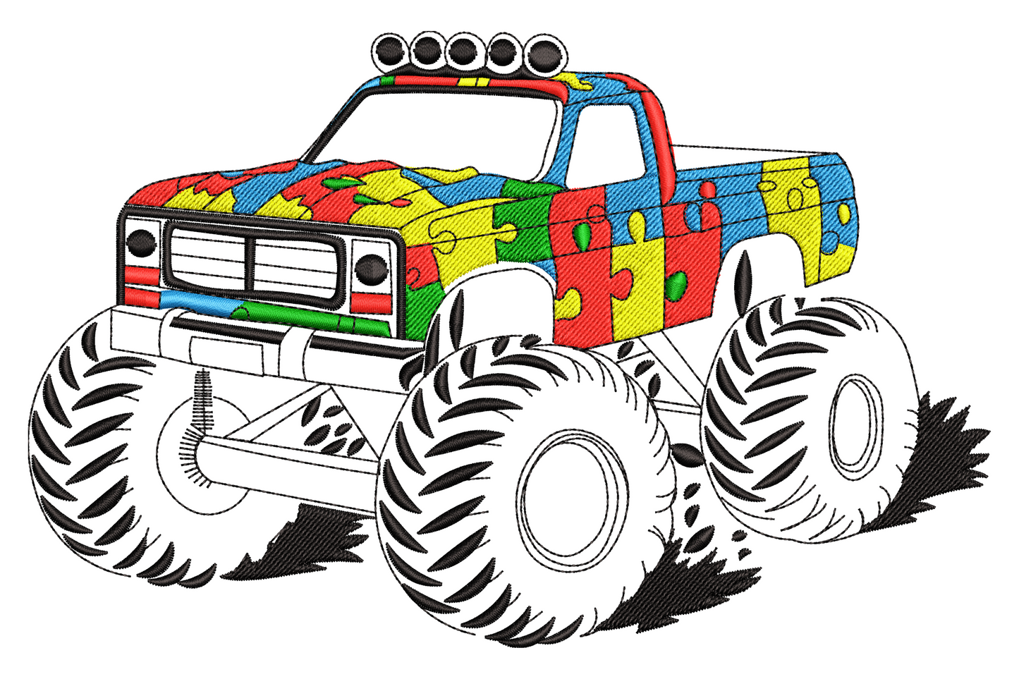 Autism awareness monster truck embroidery with colourful puzzle panels, chunky tyres, red, yellow, blue and green fills.