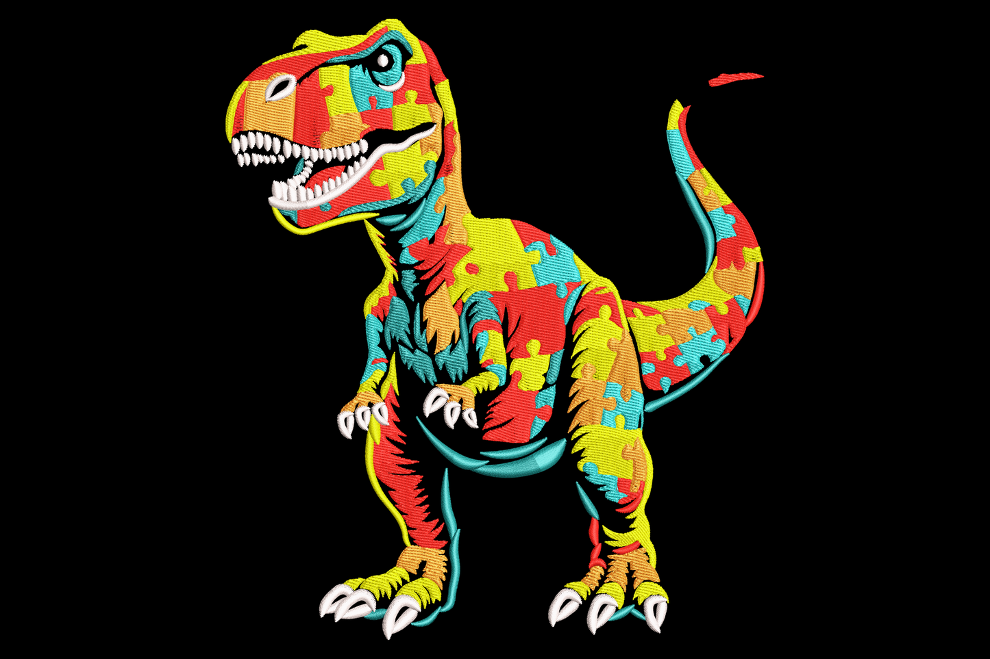 Bold T-Rex embroidery covered in red, yellow, blue and teal autism awareness puzzle pieces, with white teeth and claws.