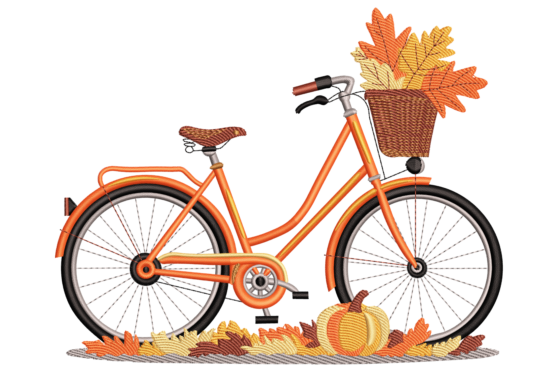 Vintage-style autumn bicycle embroidery design with leaf-filled basket in amber burnt orange and rust brown, seven colour fall machine embroidery pattern