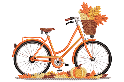 Vintage-style autumn bicycle embroidery design with leaf-filled basket in amber burnt orange and rust brown, seven colour fall machine embroidery pattern