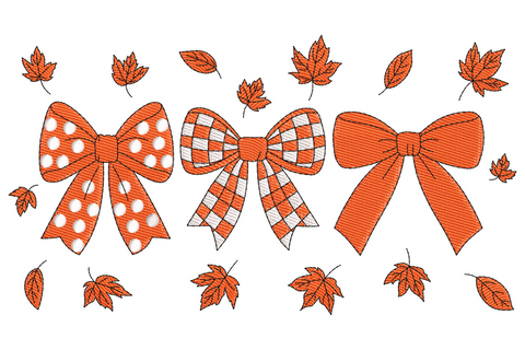 Three autumn ribbon bows embroidery design: polka dot, gingham check and solid satin, all in burnt orange with scattered maple leaves.
