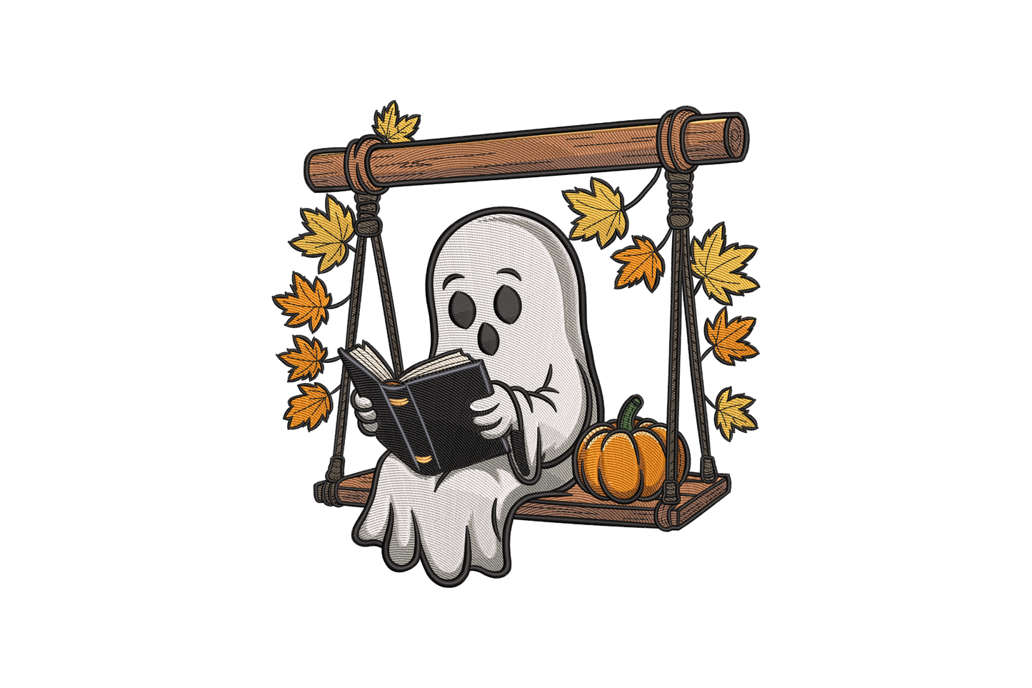 Ghost on a swing with leaves, pumpkin, and book embroidery design