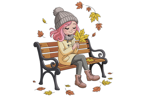 Autumn girl on bench embroidery design, seated female figure surrounded by falling leaves in nineteen-colour autumn palette, portrait-format fall scene on linen background.