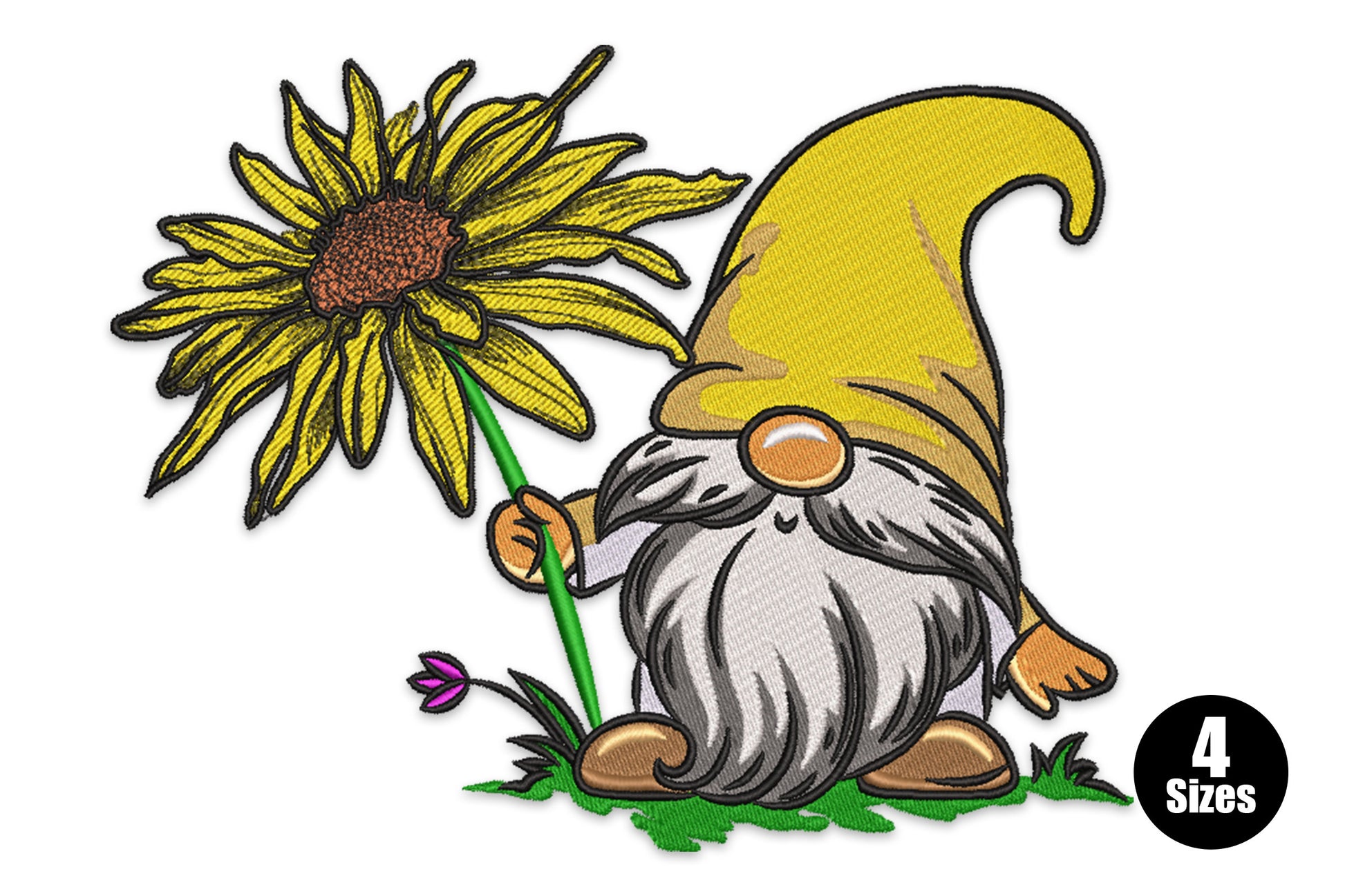 Autumn gnome embroidery holding oversized sunflower, yellow hat, grey beard, golden boots, lavender bud at base, 4 sizes 5-8 inch