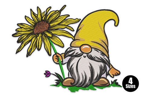 Autumn gnome embroidery holding oversized sunflower, yellow hat, grey beard, golden boots, lavender bud at base, 4 sizes 5-8 inch