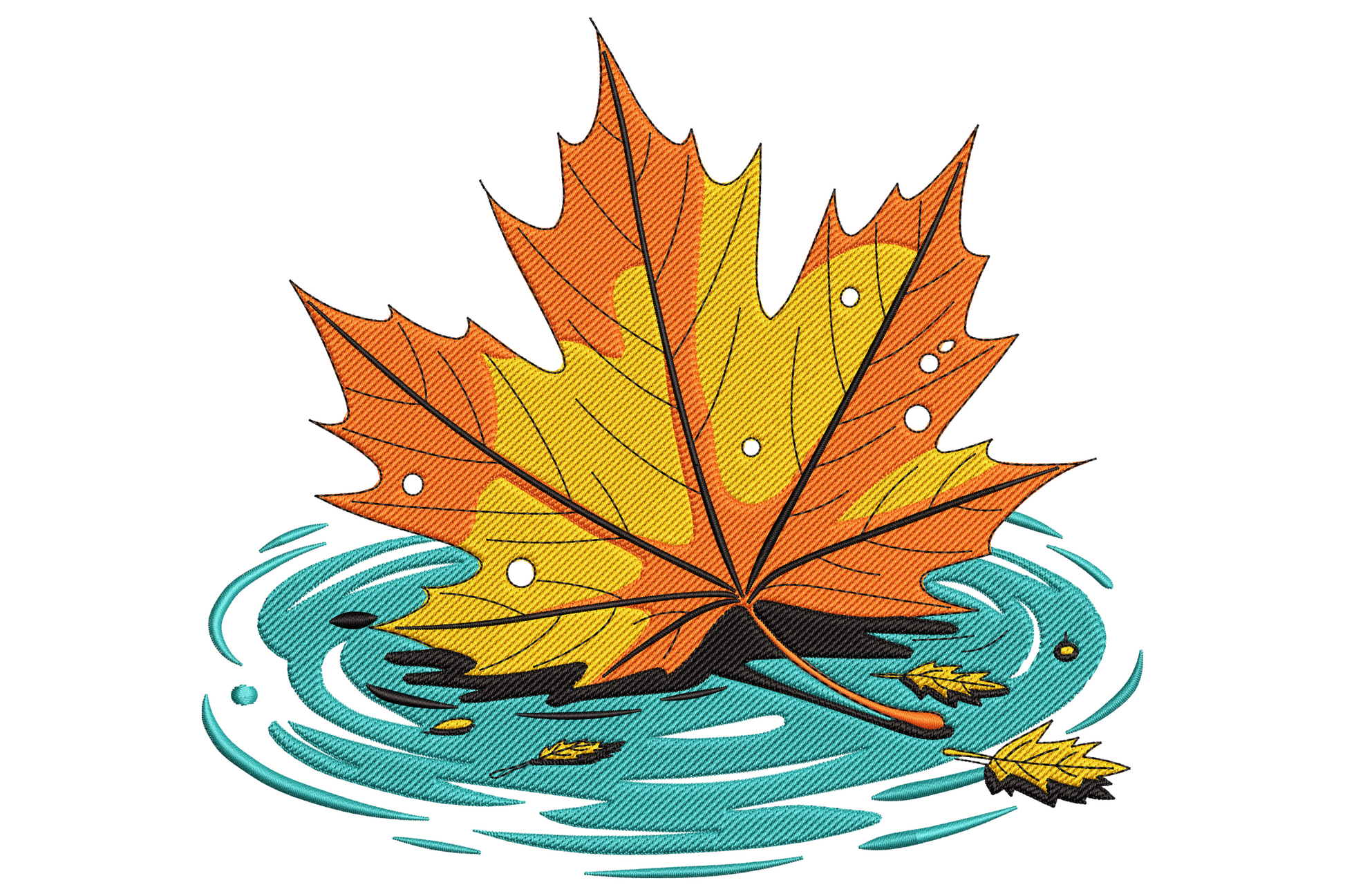 Burnt orange maple leaf on teal circular water ripple with small secondary leaf, directional satin fill machine embroidery.