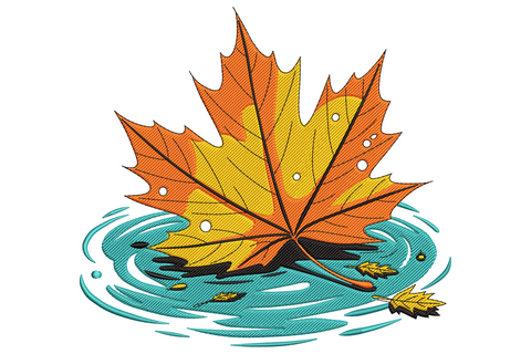 Burnt orange maple leaf on teal circular water ripple with small secondary leaf, directional satin fill machine embroidery.