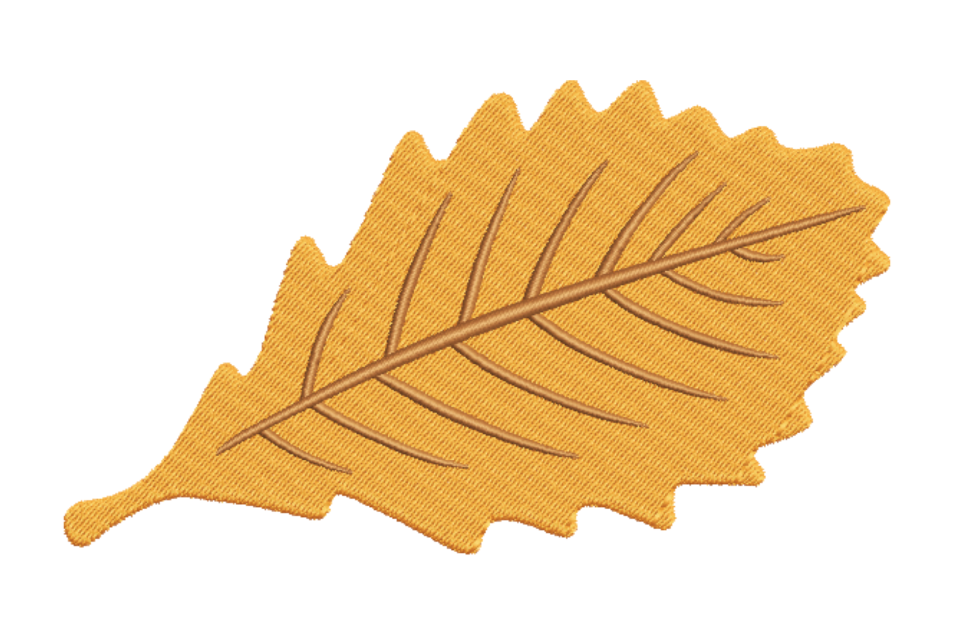 Autumn leaf embroidery: warm amber tatami fill, elongated oval with toothed edges, brown-orange veins from centre spine.