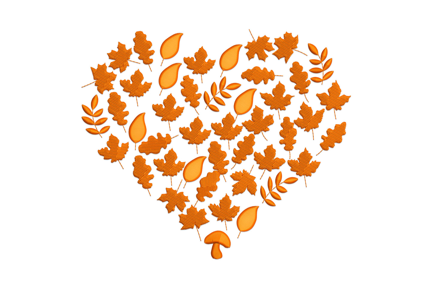 Orange heart embroidery packed with autumn maple, oak and fern leaves plus a tiny mushroom at bottom centre.
