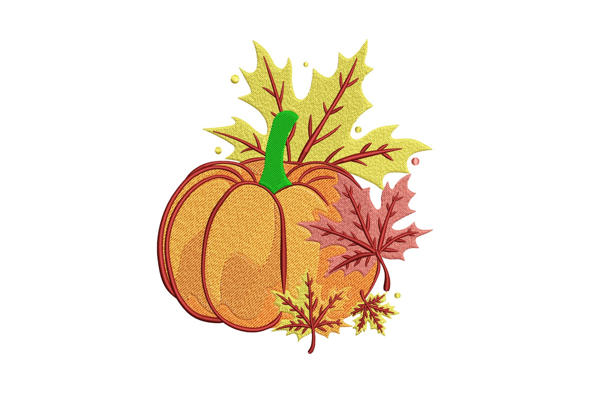 Autumn leaves pumpkin embroidery design showing an orange harvest pumpkin surrounded by gold and burgundy maple leaves in a 7-colour fall composition.