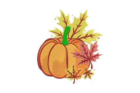 Autumn leaves pumpkin embroidery design showing an orange harvest pumpkin surrounded by gold and burgundy maple leaves in a 7-colour fall composition.