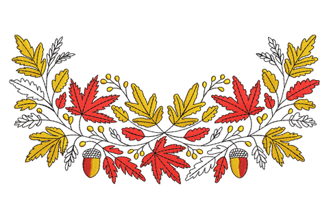 Autumn leaves acorn border machine embroidery design, dense horizontal strip with maple oak leaves and acorn shapes, four colours burnt orange brown gold cream, 3.5 by 1.69 inches.