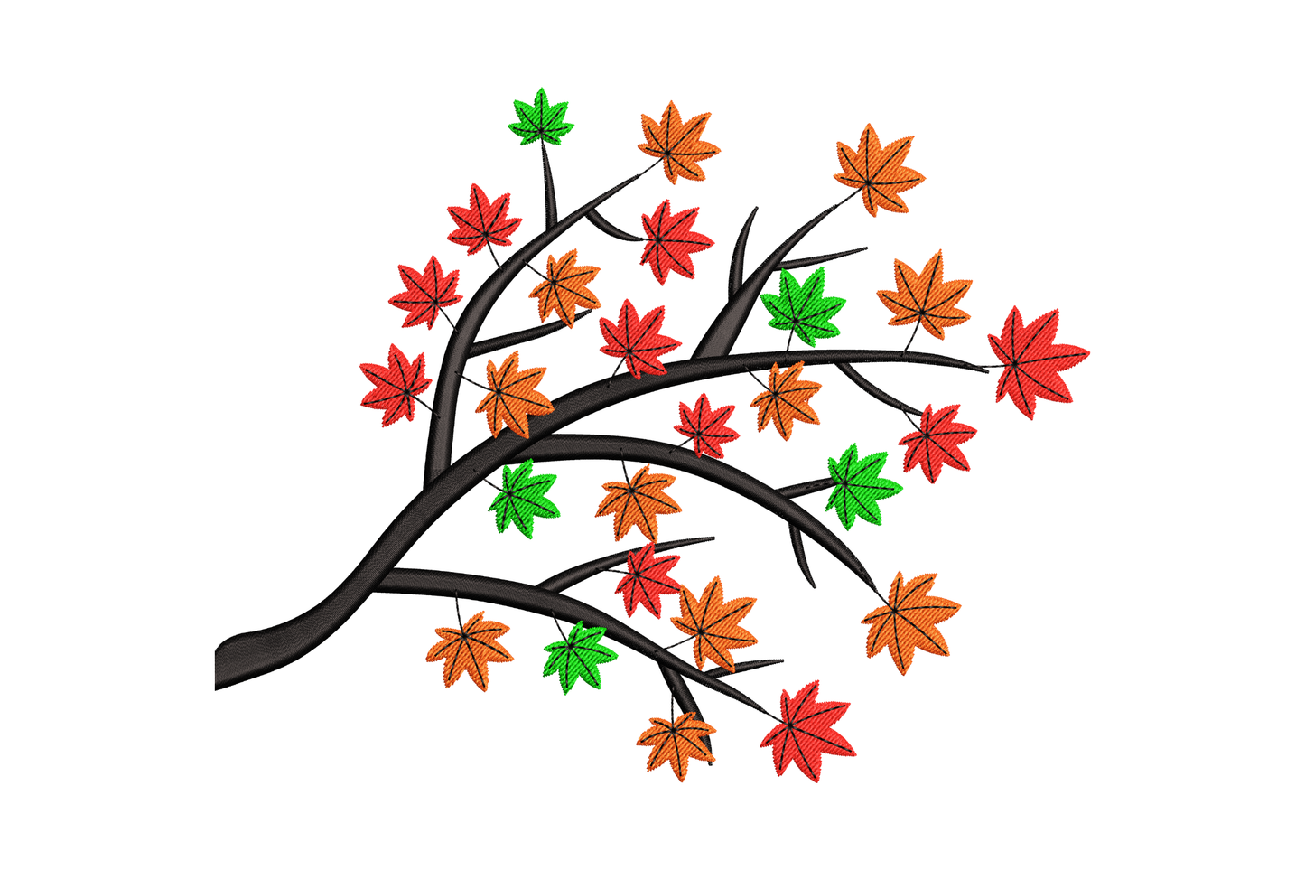 Embroidered autumn maple branch with sixteen red orange yellow and green leaves on a dark forked brown stem