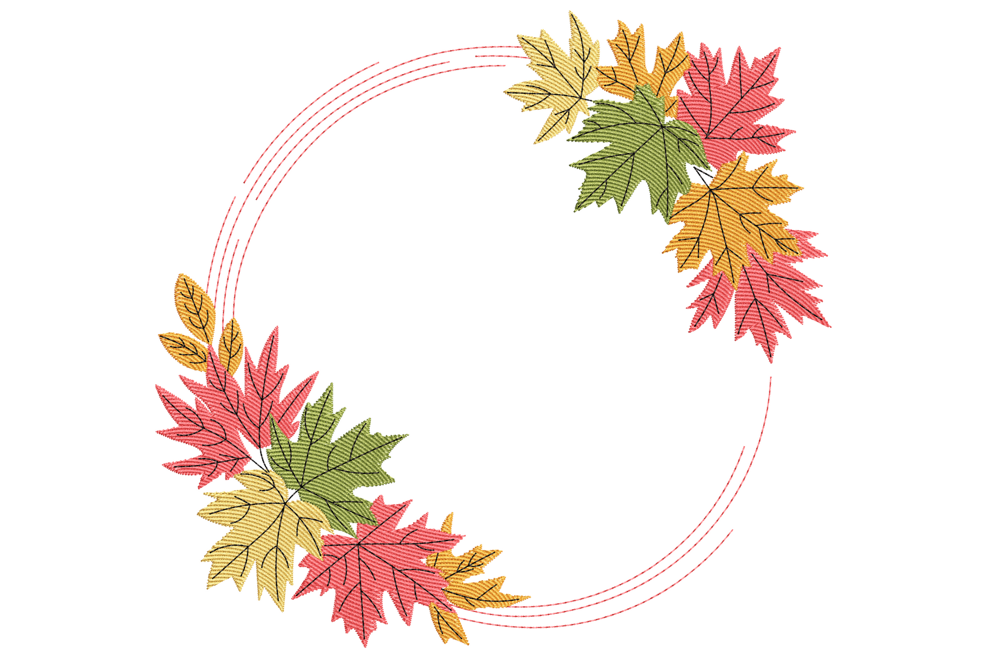 Autumn maple leaf wreath embroidery design circular arrangement of overlapping leaves in burnt orange amber rust gold and brown on white background.