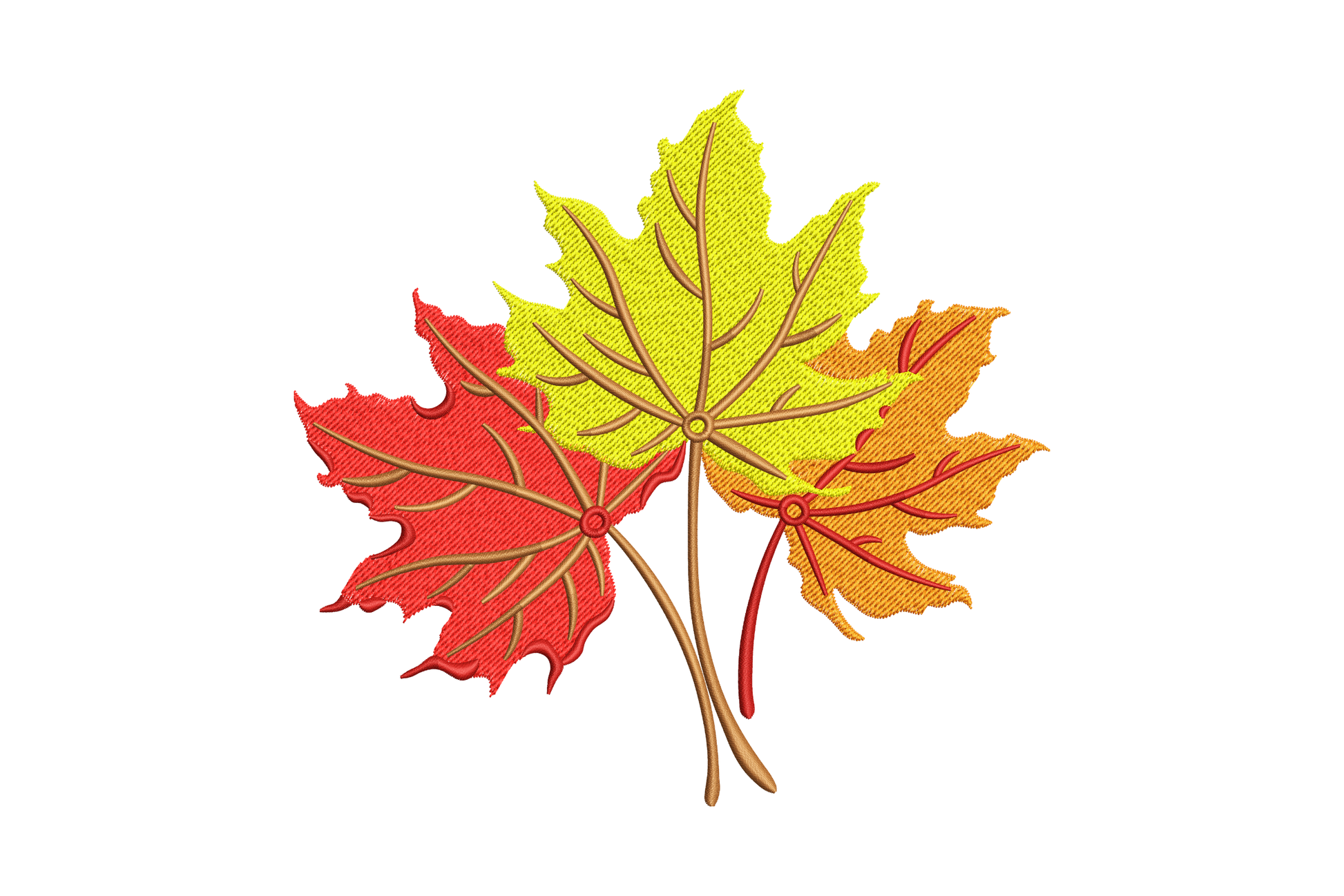 Three autumn maple leaves embroidery in scarlet, amber orange and golden yellow with vein detail, naturally grouped.