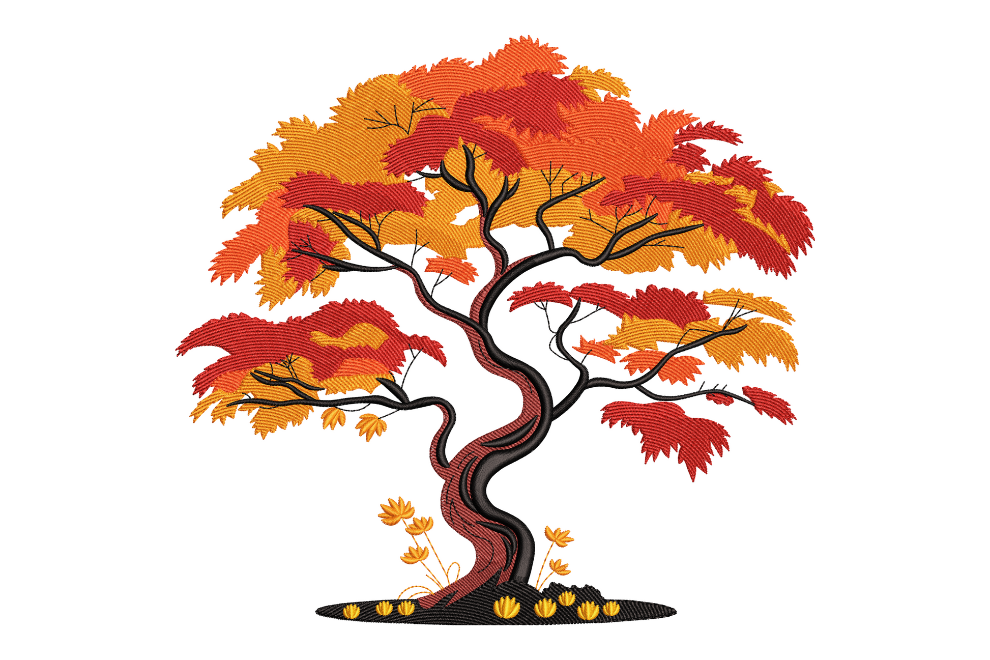Autumn maple tree embroidery, bonsai-style twisting brown trunk with orange yellow red leaf clusters and fallen leaves on a green grassy mound base