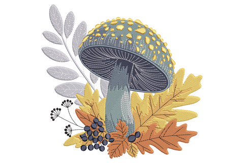 Autumn mushroom embroidery design, plump rust-red spotted cap with cream gills and pale stem, forest floor leaves at base, 9 warm colours.