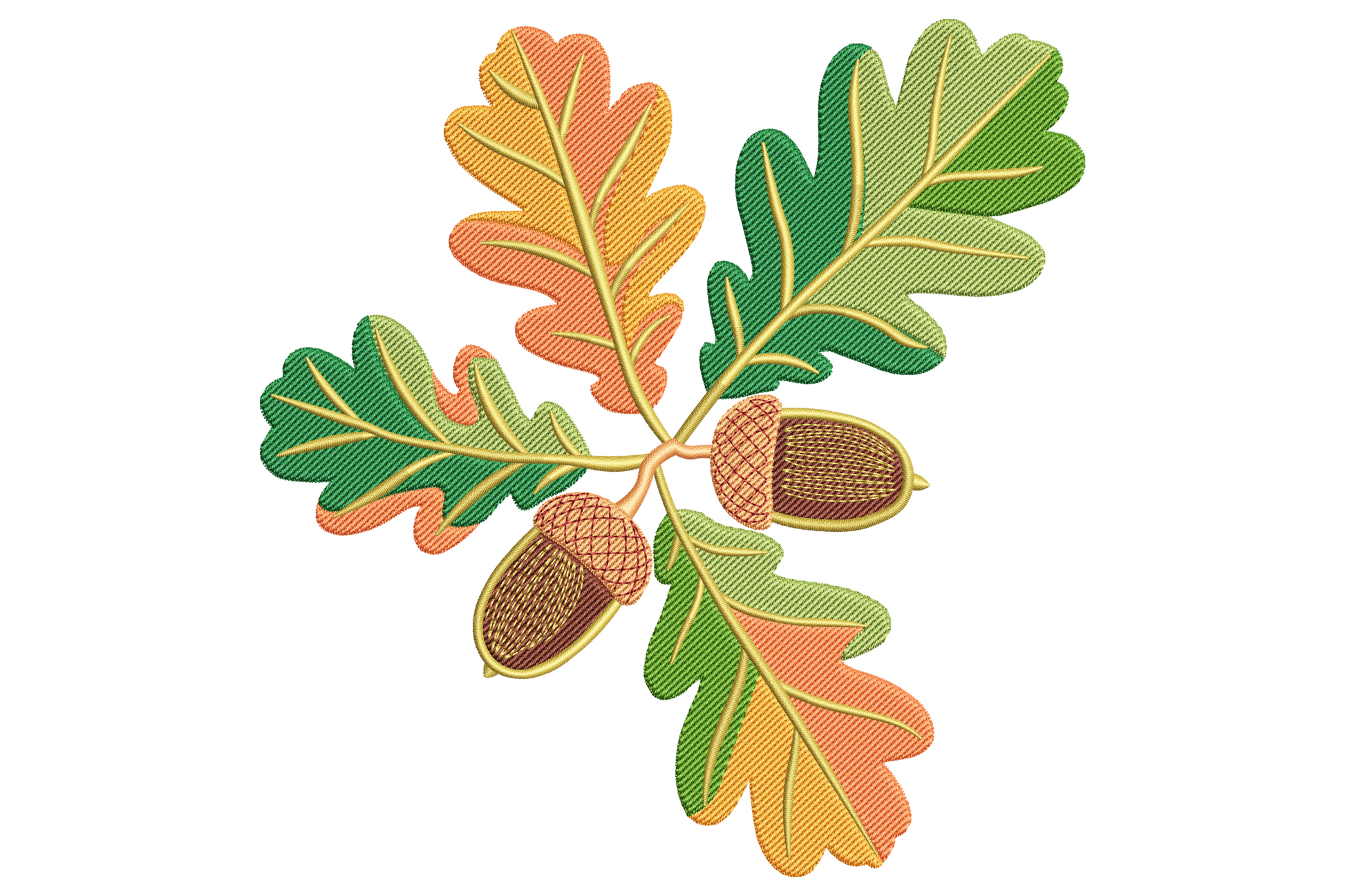 Autumn oak leaves and acorns embroidery design, botanical cluster of lobed oak leaves and textured acorns in 9 bronze and rust autumn colours.