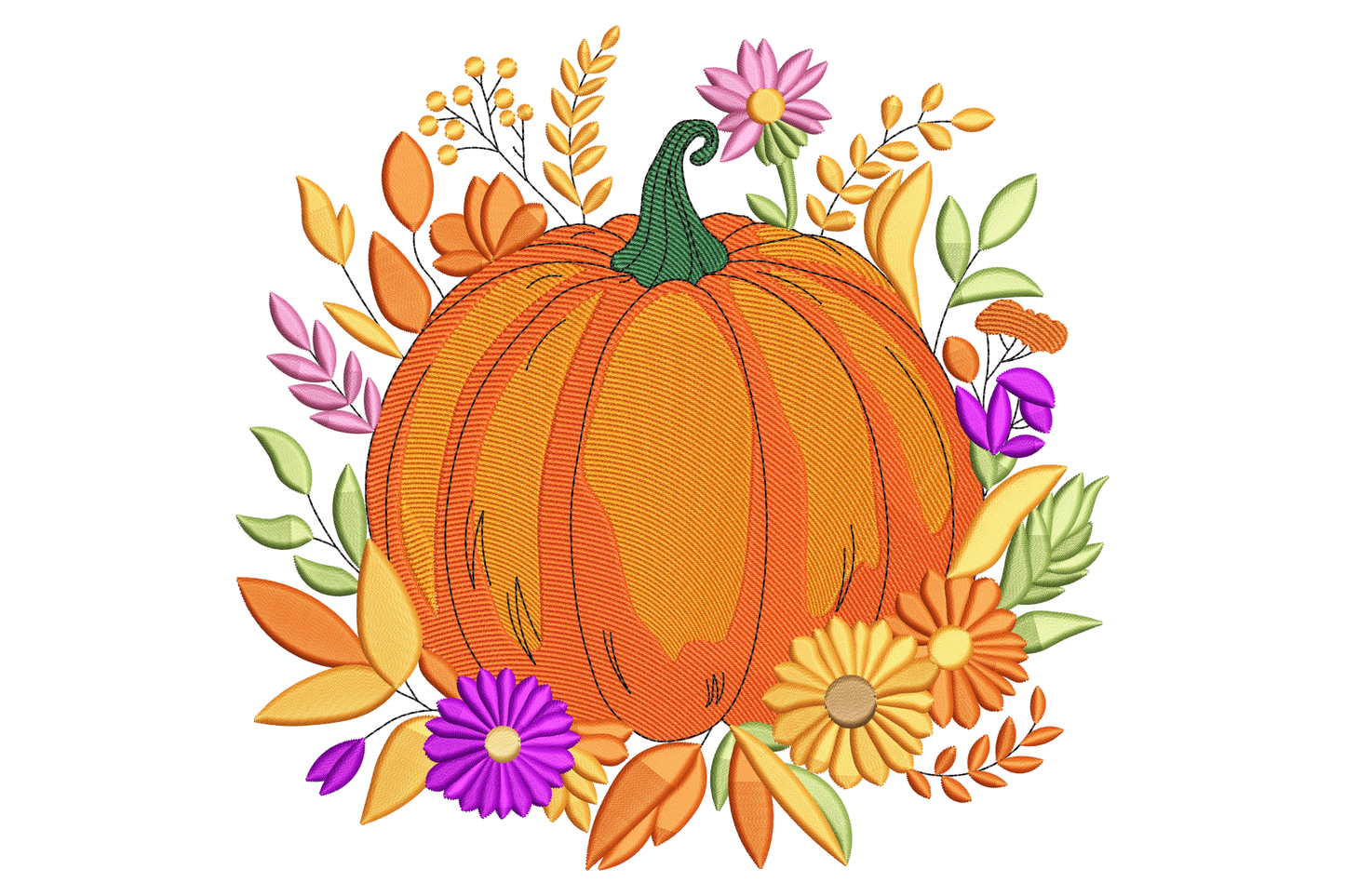 Tall orange pumpkin with curly green stem in an autumn bouquet of purple orange mums sunflower rust leaves embroidery