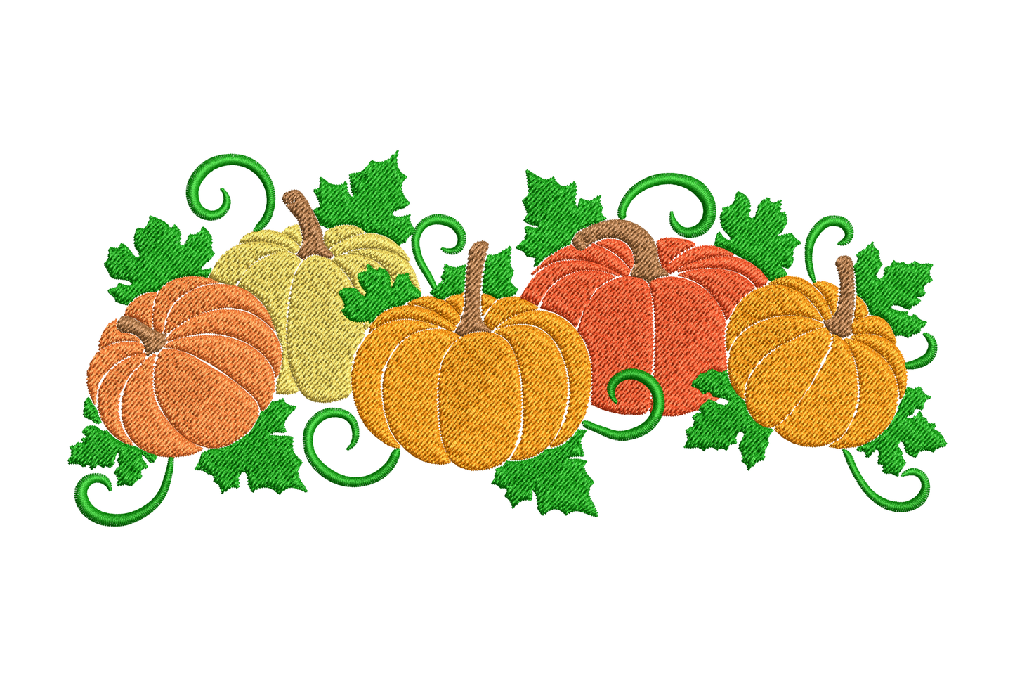 Autumn pumpkin harvest border embroidery, row of orange and cream pumpkins with brown stems and dark green vine leaves.