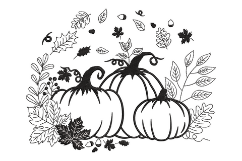 Autumn pumpkin botanical line art machine embroidery design in 2 colours with vine stem and leaf details, shown on cream linen background, 5 sizes from 2.7 to 5.7 inches wide