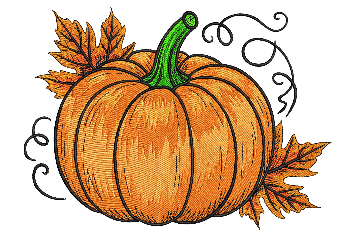 Autumn pumpkin embroidery with maple leaves and curling vines in orange, green and black.