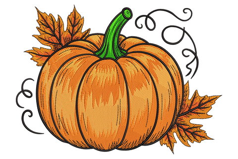 Autumn pumpkin embroidery with maple leaves and curling vines in orange, green and black.