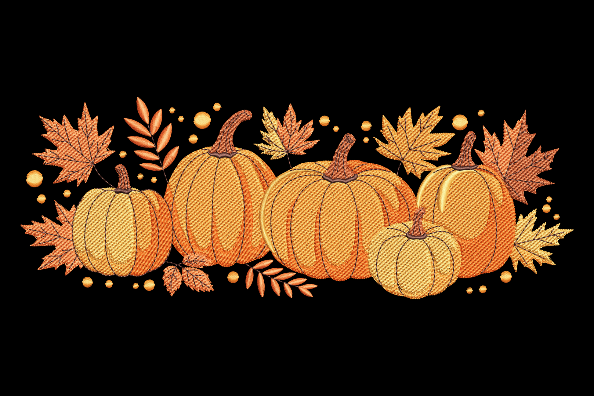 Wide horizontal pumpkin patch banner design, row of pumpkins with leafy vines in deep orange, burnt sienna and olive green, textured fill on white background.