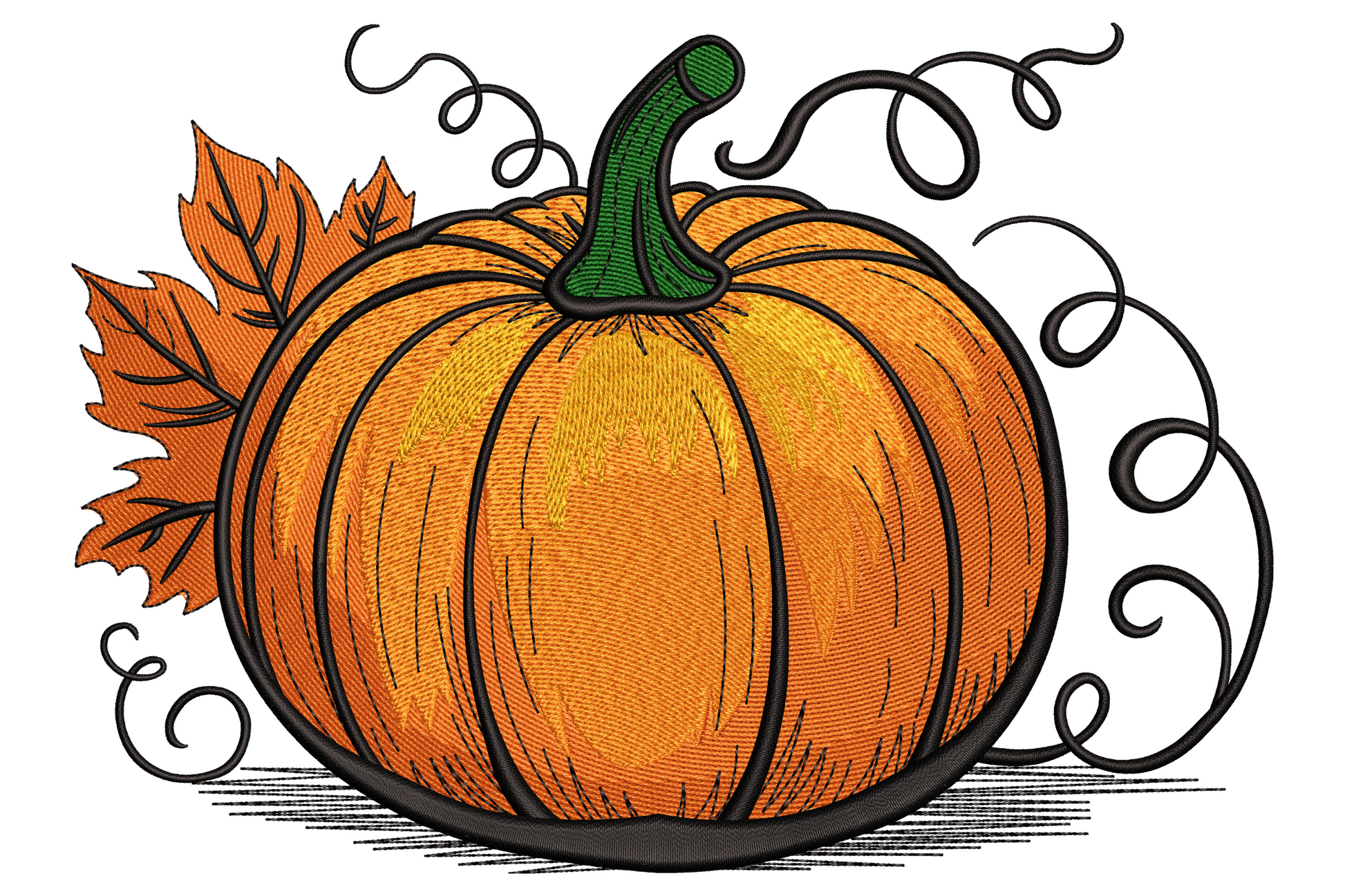 Autumn pumpkin embroidery design with curling vines and oak leaves in deep orange, amber, green and black.